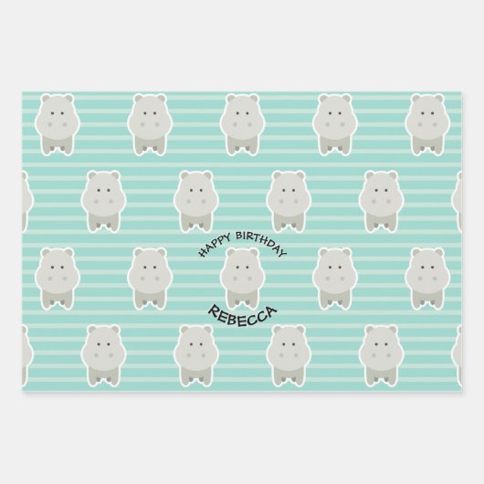 Happy Hippo Stripes Geburtsname Geschenkpapier Set (Vorderseite)