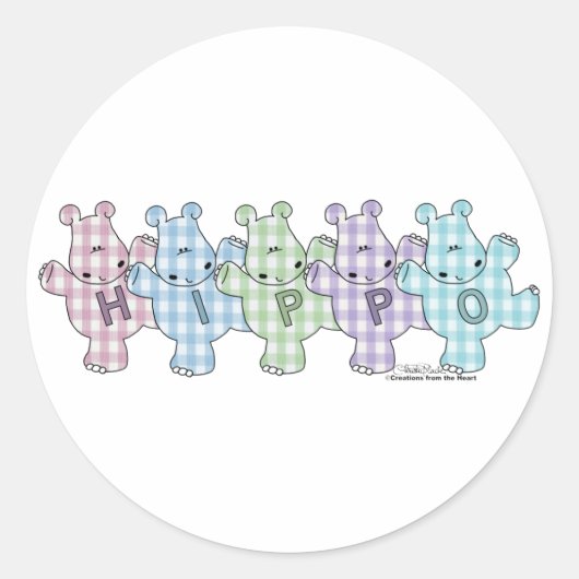 Happy Hippos pastel gingham Runder Aufkleber (Vorderseite)