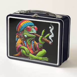 Happy Hippy Iguana Rauchen Zigarre Kunst Metall Brotdose