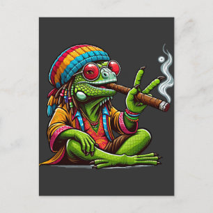 Happy Hippy Iguana Rauchen Zigarre Kunst Postkarte