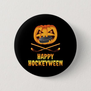 Happy Hockeyween Hockey Pumpkin Eating Puck Fun Ha Button