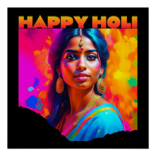Happy Holi Schöne Frau in Blau Poster