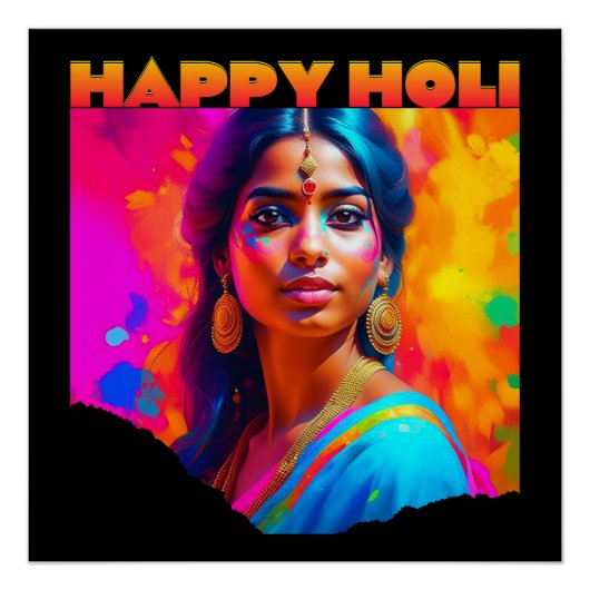 Happy Holi Schöne Frau in Blau Poster (Vorderseite)