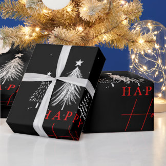 Happy Holiday Christmas Pine Tree | Schwarz Geschenkpapier