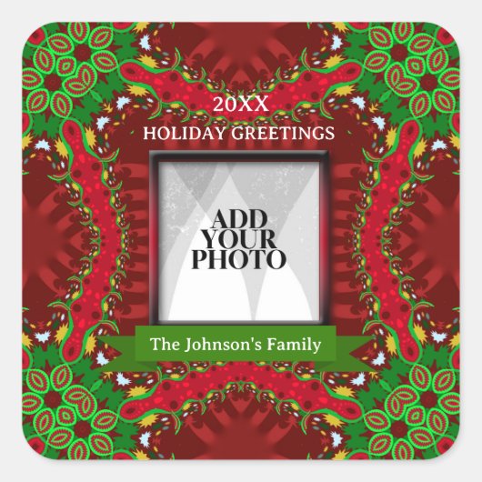 Happy Holiday Family Foto Quadratischer Aufkleber (Vorderseite)