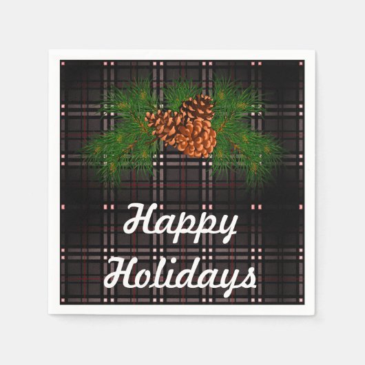 Happy Holiday - Grauer Tartan mit Kiefernkegeldeta Serviette (Vorderseite)