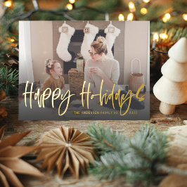 Happy Holiday Greetings Gold Foil Script Foto Folien Feiertagspostkarte