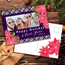 Happy Holiday New Year Poinsettia Photo Purple Feiertagspostkarte