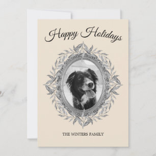 Happy Holiday Silver Gray Blätter Wreath Foto Feiertagskarte