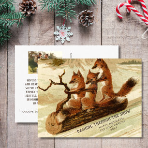 Happy Holiday Vintag Fox Sled Custom Family Foto Postkarte