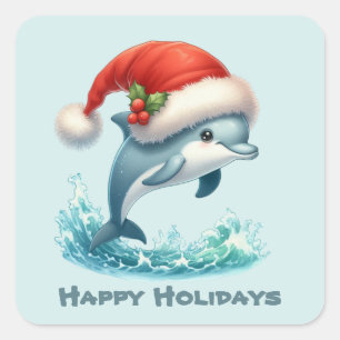 Happy Holiday Weihnachtsdolphin Text hinzufügen Quadratischer Aufkleber