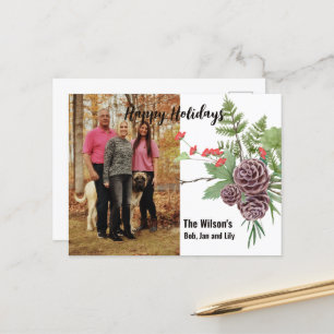 Happy Holiday Winter Floral Rustikales Foto PostCa Feiertagspostkarte