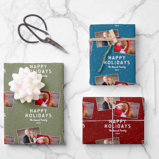 Happy Holidays 2 Foto Collage Snowflakes Geschenkpapier Set (Vorderseite)
