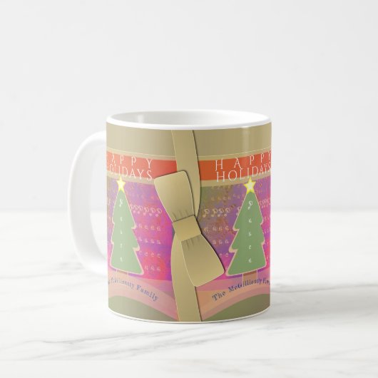 "Happy Holidays" alte Gold Bows, Baummonogramm Kaffeetasse (Vorderseite Links)