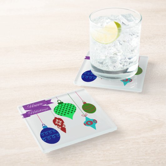 Happy Holidays and Hanging Ornaments Lila Banner Glasuntersetzer (Schrägansicht)