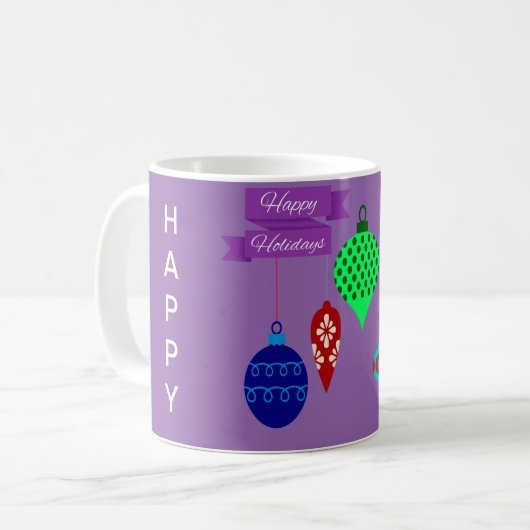 Happy Holidays and Hanging Ornaments Lila Banner Kaffeetasse (Vorderseite Links)