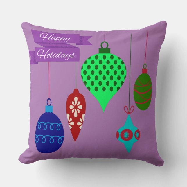 Happy Holidays and Hanging Ornaments Reich Lila Kissen (Vorderseite)