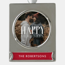 "Happy Holidays" Anpassbares Foto Banner-Ornament Silber
