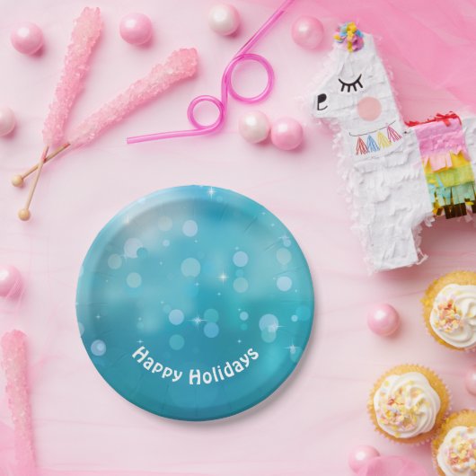 Happy Holidays aqua bokeh Lichter Pappteller (Party)