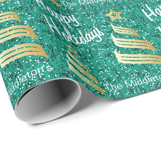 Happy Holidays Aquamarin Confetti und Gold | Weihn Geschenkpapier (Rolleneckpunkt)