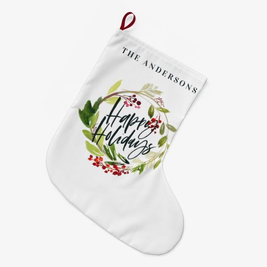 Happy Holidays Aquarell Blumenurlaub Großer Weihnachtsstrumpf (Vorderansicht (hängend))