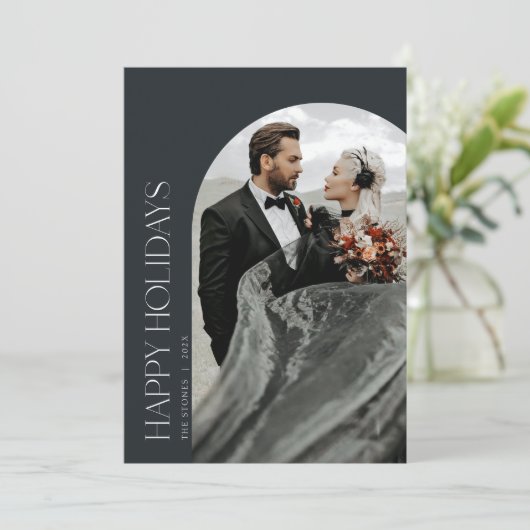 Happy Holidays Arch Foto Weihnachtskarte Schwarz Einladung (Stehend Vorderseite)