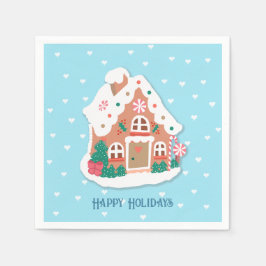 Happy Holidays Baby Blue Snowy Gingerbrot House Serviette