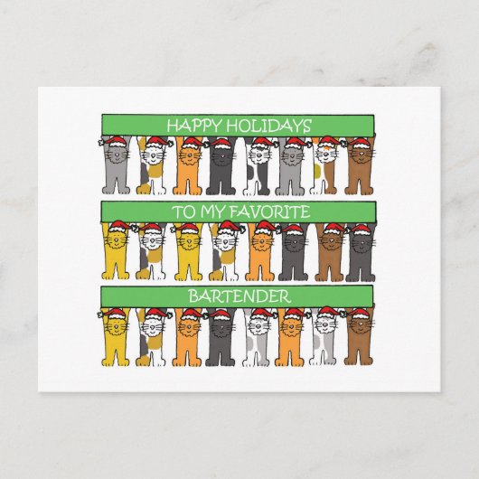 Happy Holidays Barkeeper Cartoon Katzen Feiertagspostkarte (Vorderseite)