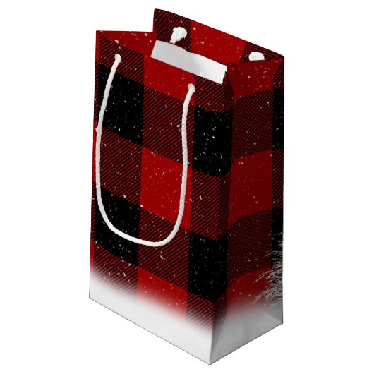 Happy Holidays Baum auf Büffel kariert Kleine Geschenktüte (Rückseite Schrägansicht)