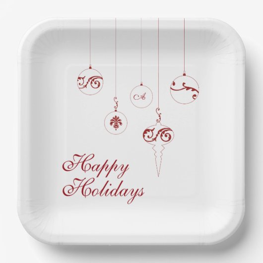Happy Holidays Berry Red Monogram Bauble Square Pappteller (Vorderseite)