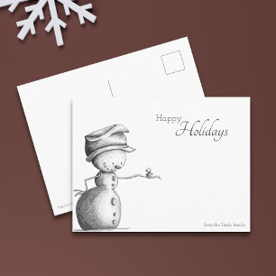 Happy Holidays Black and White Snowman with Bird Postkarte