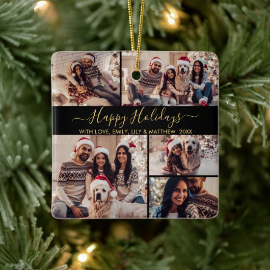 Happy Holidays Black Gold Foto Collage Weihnachten Keramikornament (Baum)