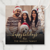 Happy Holidays Black Gold Script Family Foto Geschenkanhänger (Rückseite)