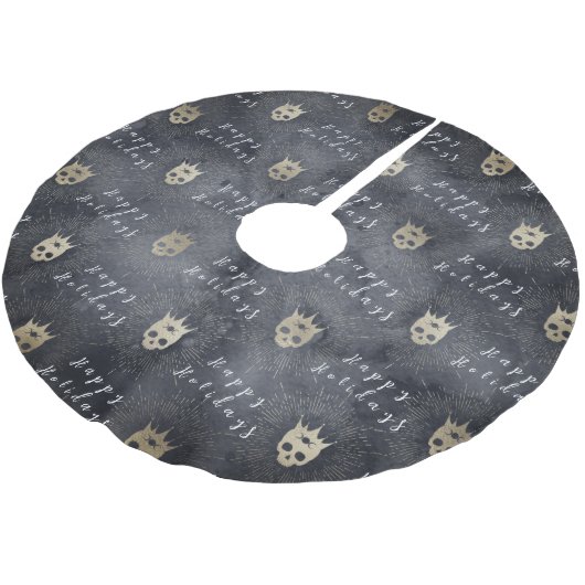 Happy Holidays Black Skulls Tree Skirt Polyester Weihnachtsbaumdecke (Schrägansicht)