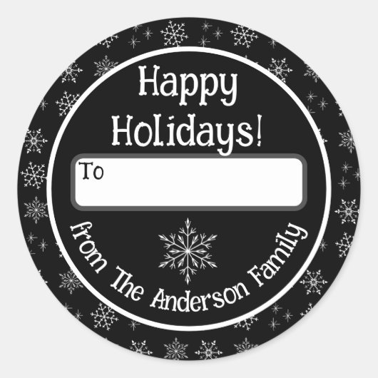 Happy Holidays Black Sticker mit Schneeflocken (Vorderseite)