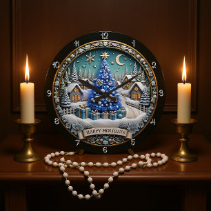Happy Holidays Blue Christmas Tree Village Große Wanduhr