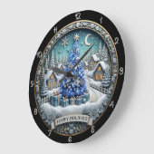 Happy Holidays Blue Christmas Tree Village Große Wanduhr (Winkel)