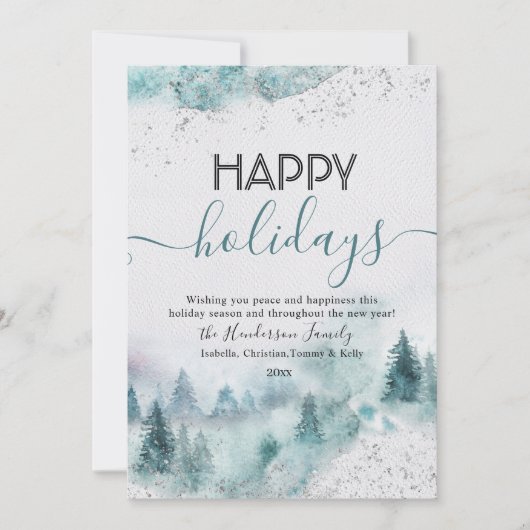 Happy Holidays Blue Watercolor Winter Forest Card Einladung (Vorderseite)