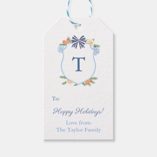 Happy Holidays Blue & White Citrus Monogram Wappen Geschenkanhänger (Vorderseite)