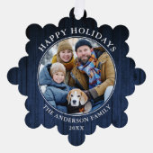 Happy Holidays Blue Wood Print Ornament Karte (Vorderseite)