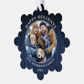 Happy Holidays Blue Wood Print Ornament Karte (Linke Ecke)