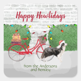 Happy Holidays Border Collie Red Bicycle Quadratischer Aufkleber