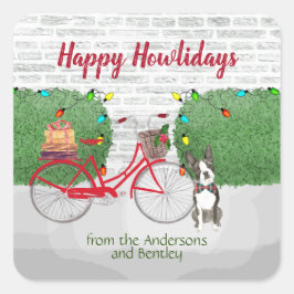 Happy Holidays Boston Terrier Red Bicycle Quadratischer Aufkleber