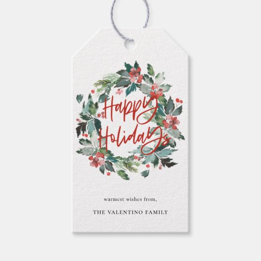 Happy Holidays Botanical Berry Wreath Weihnachten Geschenkanhänger (Vorderseite)