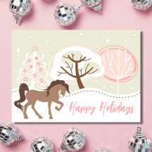 Happy Holidays Brown Horse Pink Winter Weihnachten
