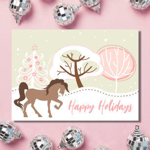 Happy Holidays Brown Horse Pink Winter Weihnachten