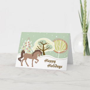 Happy Holidays Brown Horse Snowy Winter Weihnachte Feiertagskarte