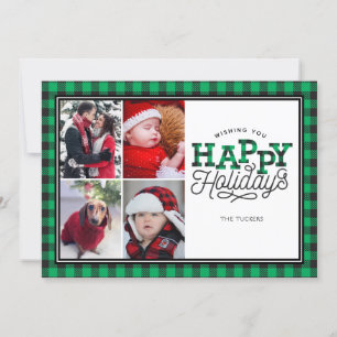 HAPPY Holidays Buffalo Kariert Green 4-Foto-Karte Feiertagskarte