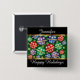 Happy Holidays Bunte Ornamente personalisieren Button