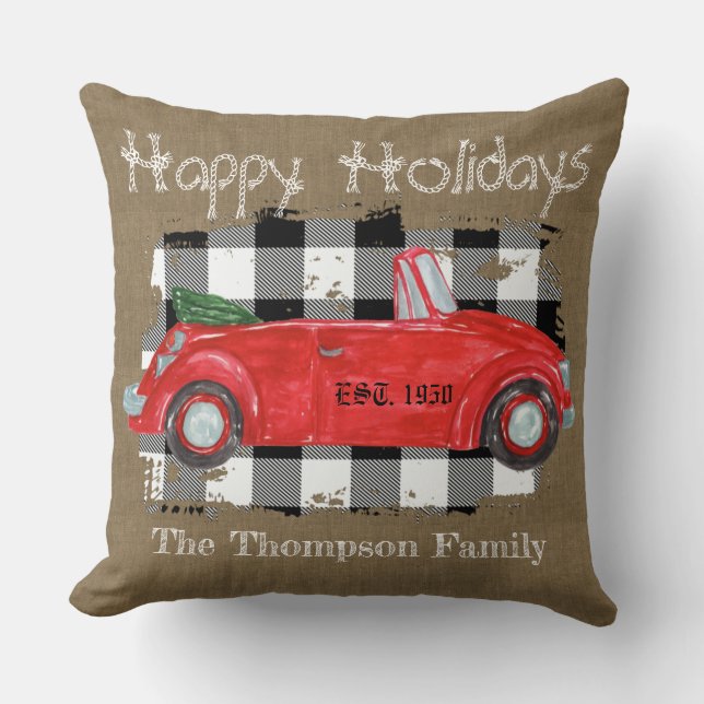 Happy Holidays Burlap Retro roter LKW-Schotte Kissen (Vorderseite)